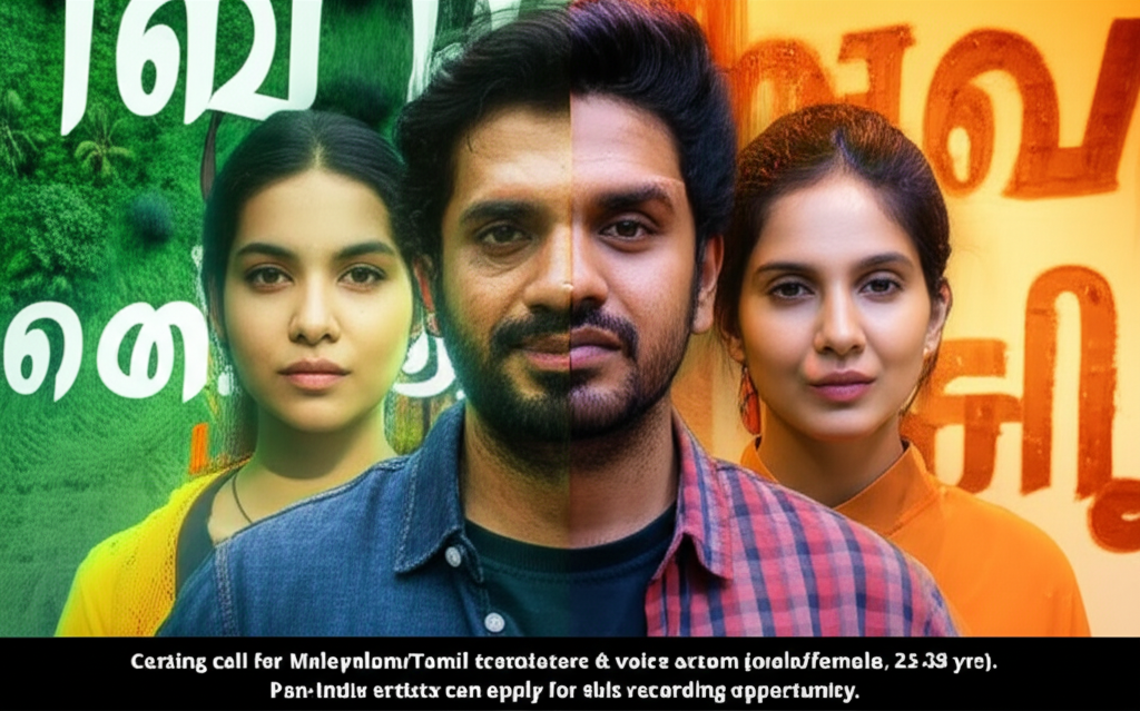 Casting call for Malayalam/Tamil translators & voice actors (male/female, 22-28 yrs). Pan-India artists can apply for this recording opportunity.