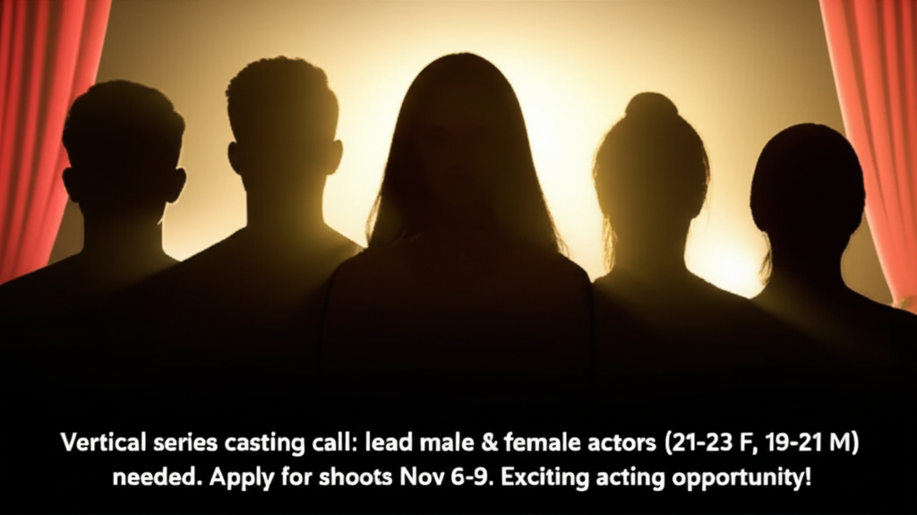 Vertical series casting call: lead male & female actors (21-23 F, 19-21 M) needed. Apply for shoots Nov 6-9. Exciting acting opportunity!