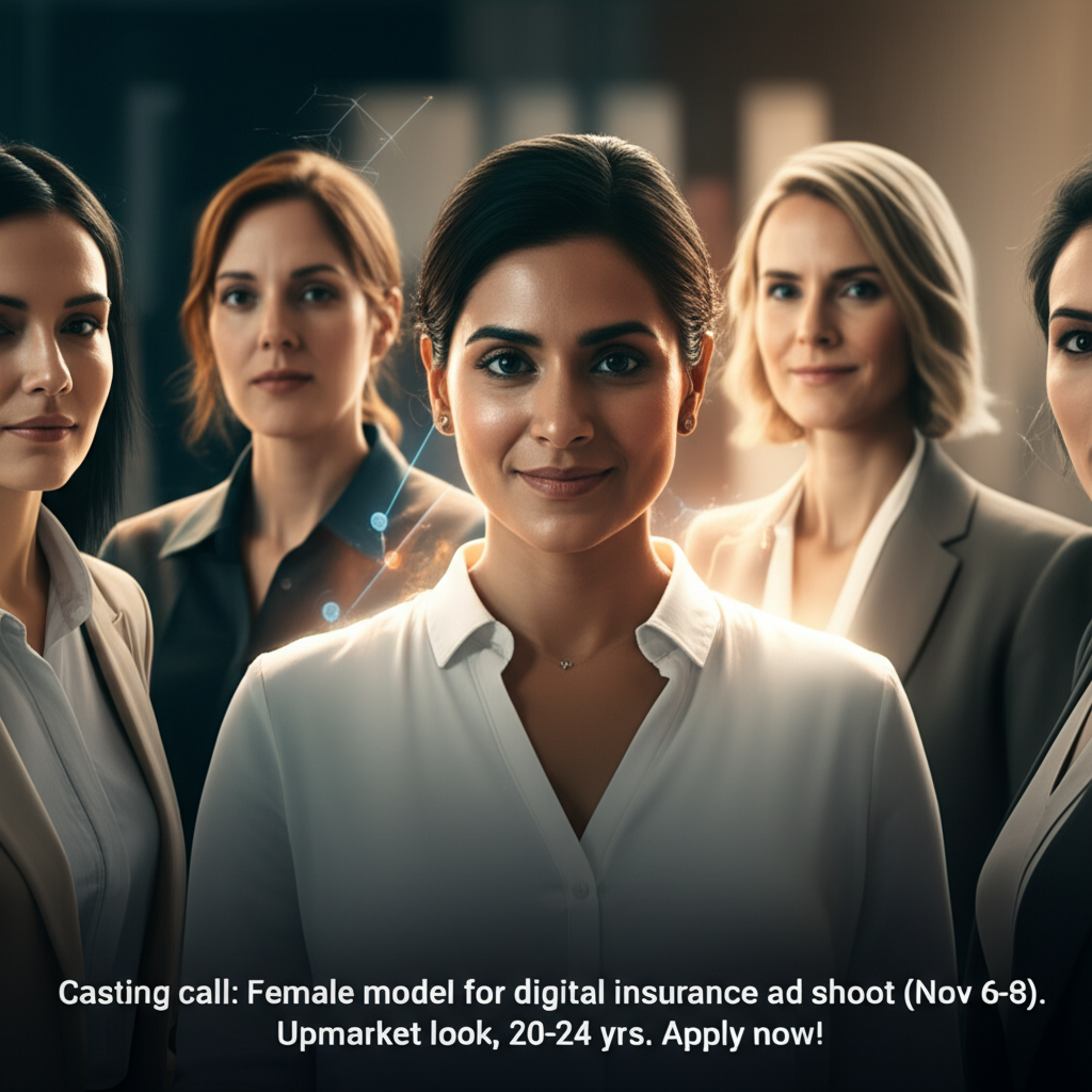 Casting call: Female model for digital insurance ad shoot (Nov 6-8). Upmarket look, 20-24 yrs. Apply now!