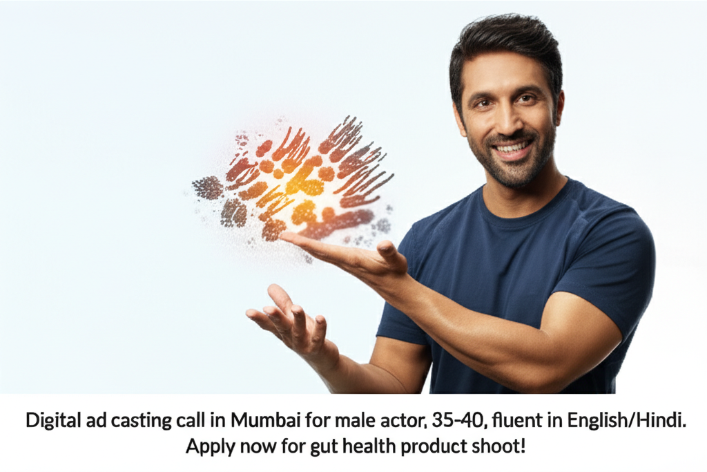 Digital ad casting call in Mumbai for male actor, 35-40, fluent in English/Hindi. Apply now for gut health product shoot!