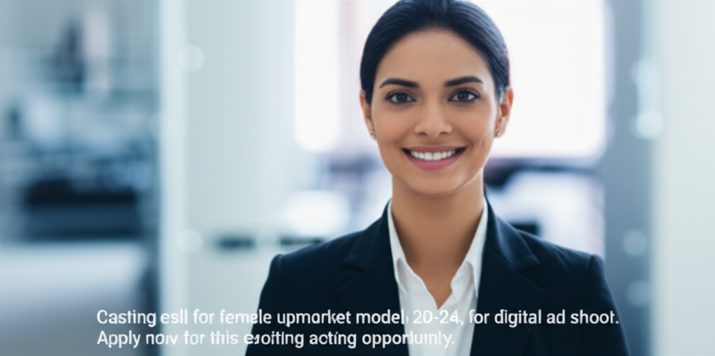 Casting call for female upmarket model, 20-24, for digital ad shoot. Apply now for this exciting acting opportunity.
