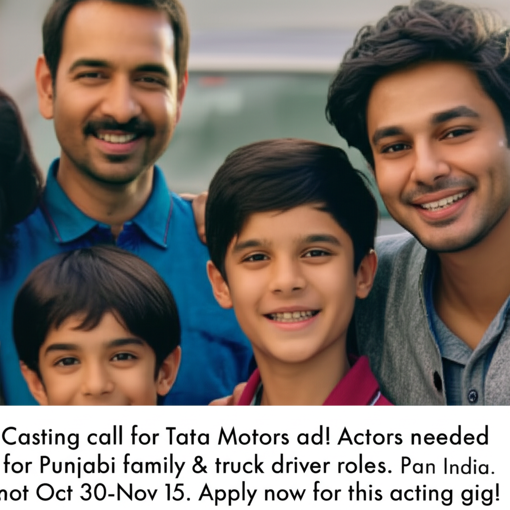 Casting call for Tata Motors ad! Actors needed for Punjabi family & truck driver roles. Pan India. Shoot Oct 30-Nov 15. Apply now for this acting gig!