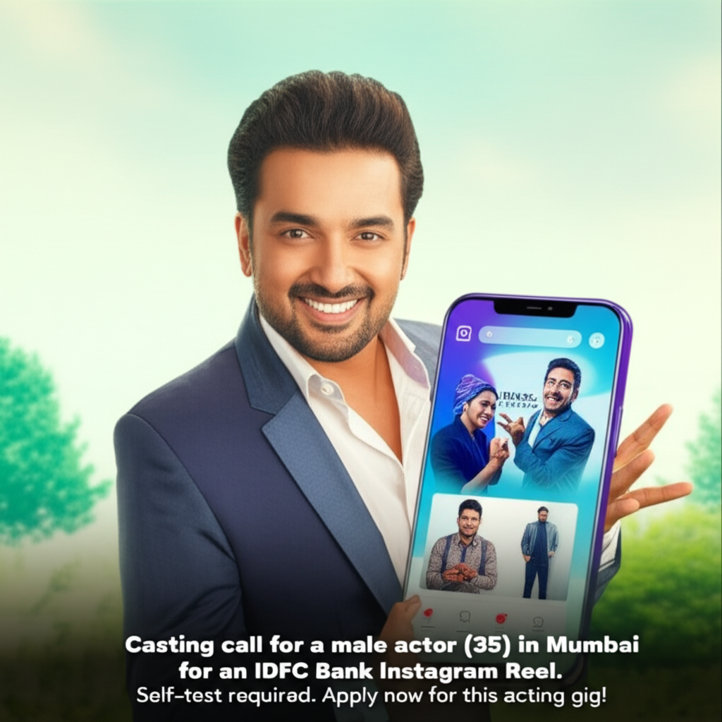 Casting call for a male actor (35) in Mumbai for an IDFC Bank Instagram Reel. Self-test required. Apply now for this acting gig!