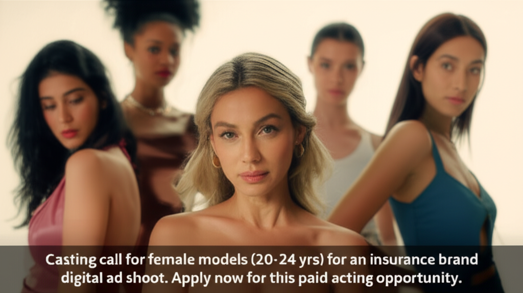Casting call for female models (20-24 yrs) for an insurance brand digital ad shoot. Apply now for this paid acting opportunity.