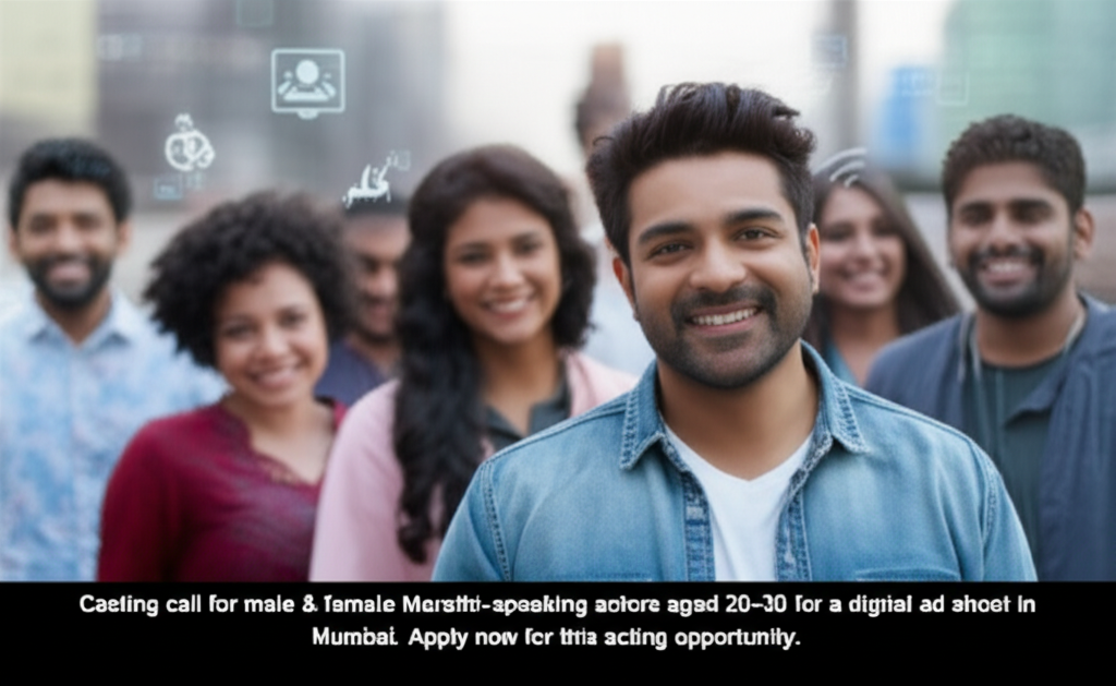 Casting call for male & female Marathi-speaking actors aged 20-30 for a digital ad shoot in Mumbai. Apply now for this acting opportunity.