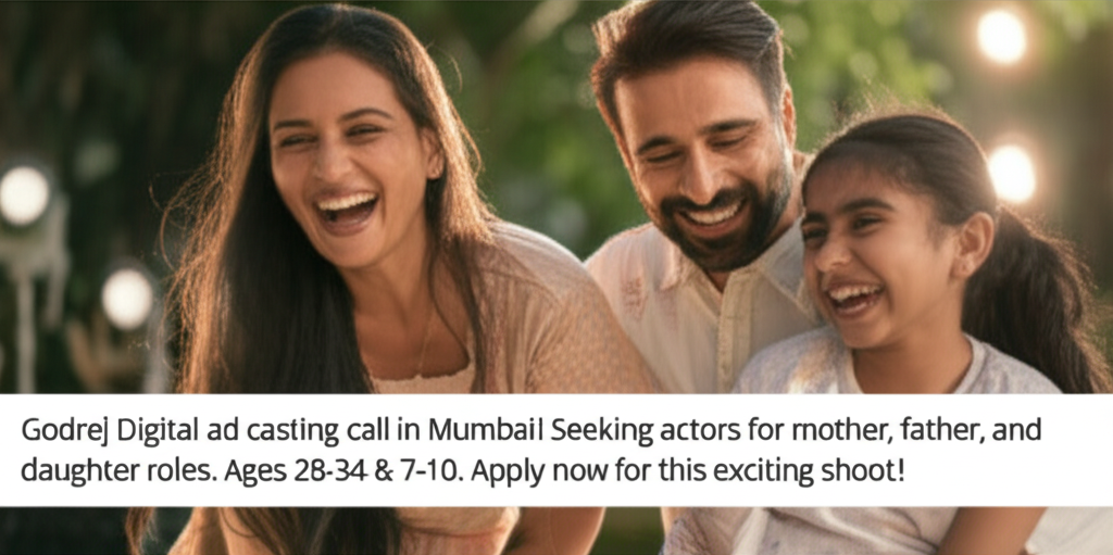 Godrej Digital ad casting call in Mumbai! Seeking actors for mother, father, and daughter roles. Ages 28-34 & 7-10. Apply now for this exciting shoot!