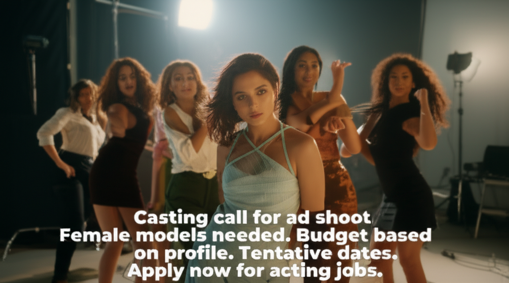 Casting call for ad shoot. Female models needed. Budget based on profile. Tentative dates. Apply now for acting jobs.
