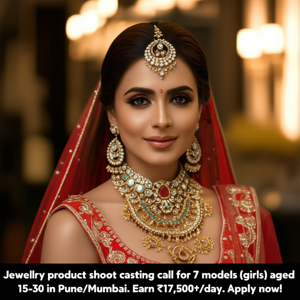 Shine Bright: Female Models Wanted for Stunning Jewelry Shoot Jewellery product shoot casting call for 7 models (girls) aged 15-30 in Pune/Mumbai. Earn ₹17,500+/day. Apply now!
