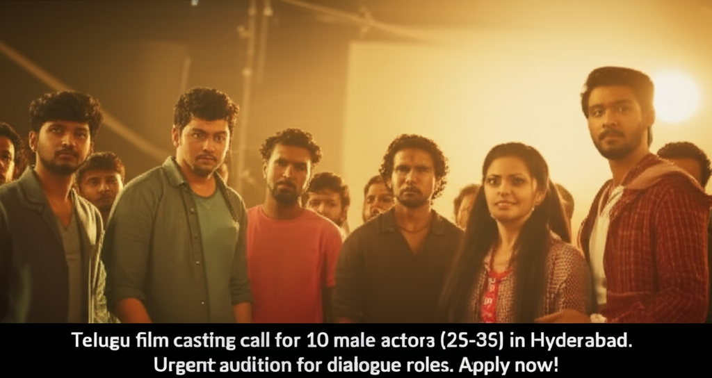 Telugu film casting call for 10 male actors (25-35) in Hyderabad. Urgent audition for dialogue roles. Apply now!