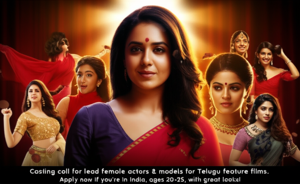 Casting call for lead female actors & models for Telugu feature films. Apply now if you're in India, ages 20-25, with great looks!