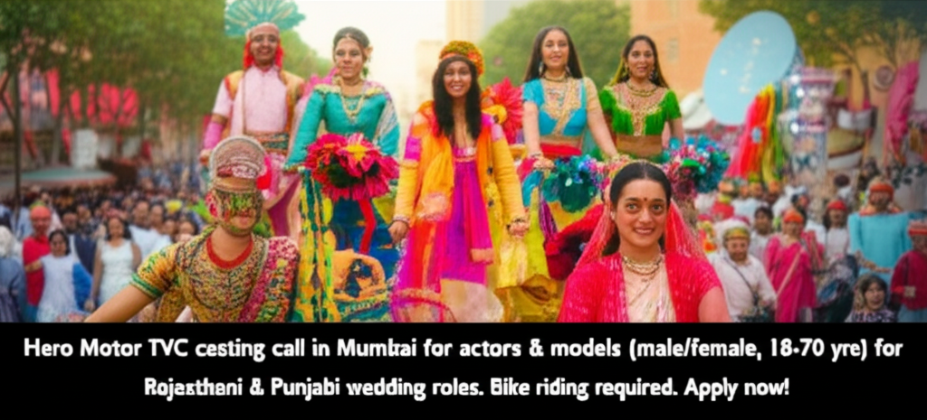 **Actors Wanted: Ride into Cultural Celebrations!** Hero Motor TVC casting call in Mumbai for actors & models (male/female, 18-70 yrs) for Rajasthani & Punjabi wedding roles. Bike riding required. Apply now!