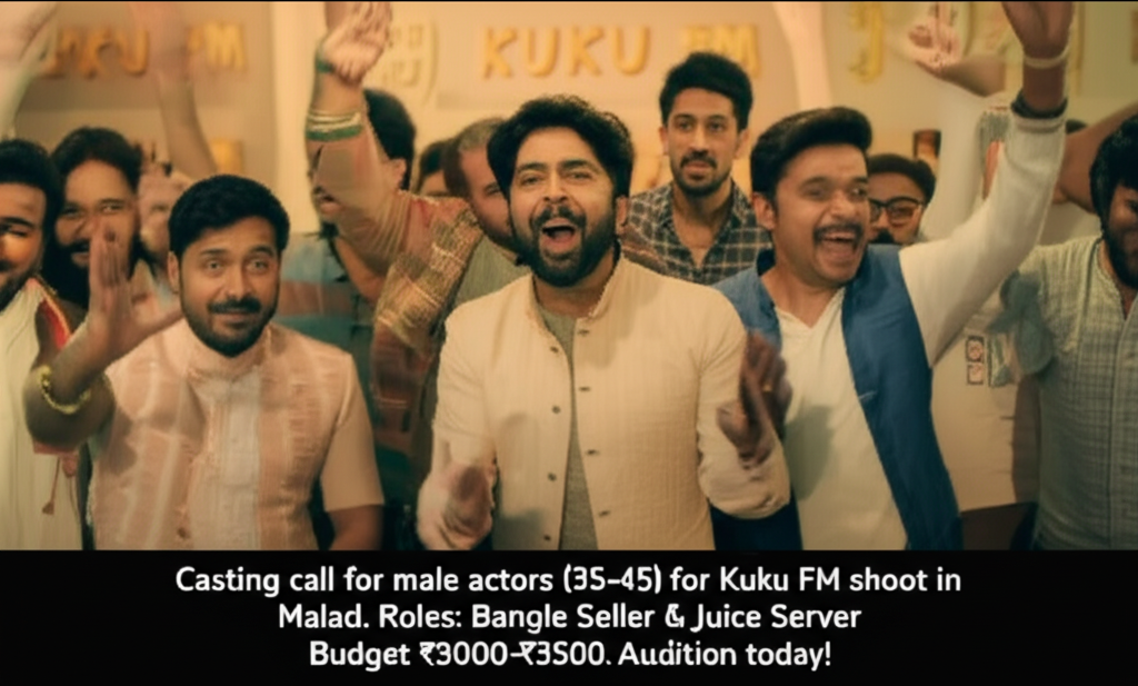 Casting call for male actors (35-45) for Kuku FM shoot in Malad. Roles: Bangle Seller & Juice Server. Budget ₹3000-₹3500. Audition today!