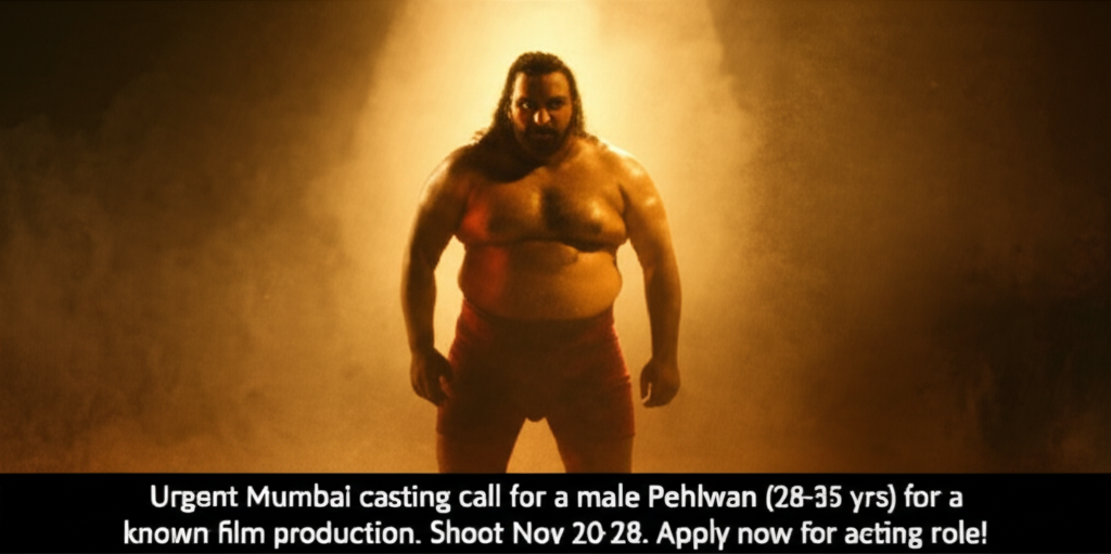 **Male Actor Wanted: Play a Powerful Pehlwan in New Film!** Urgent Mumbai casting call for a male Pehlwan (28-35 yrs) for a known film production. Shoot Nov 20-28. Apply now for acting role!