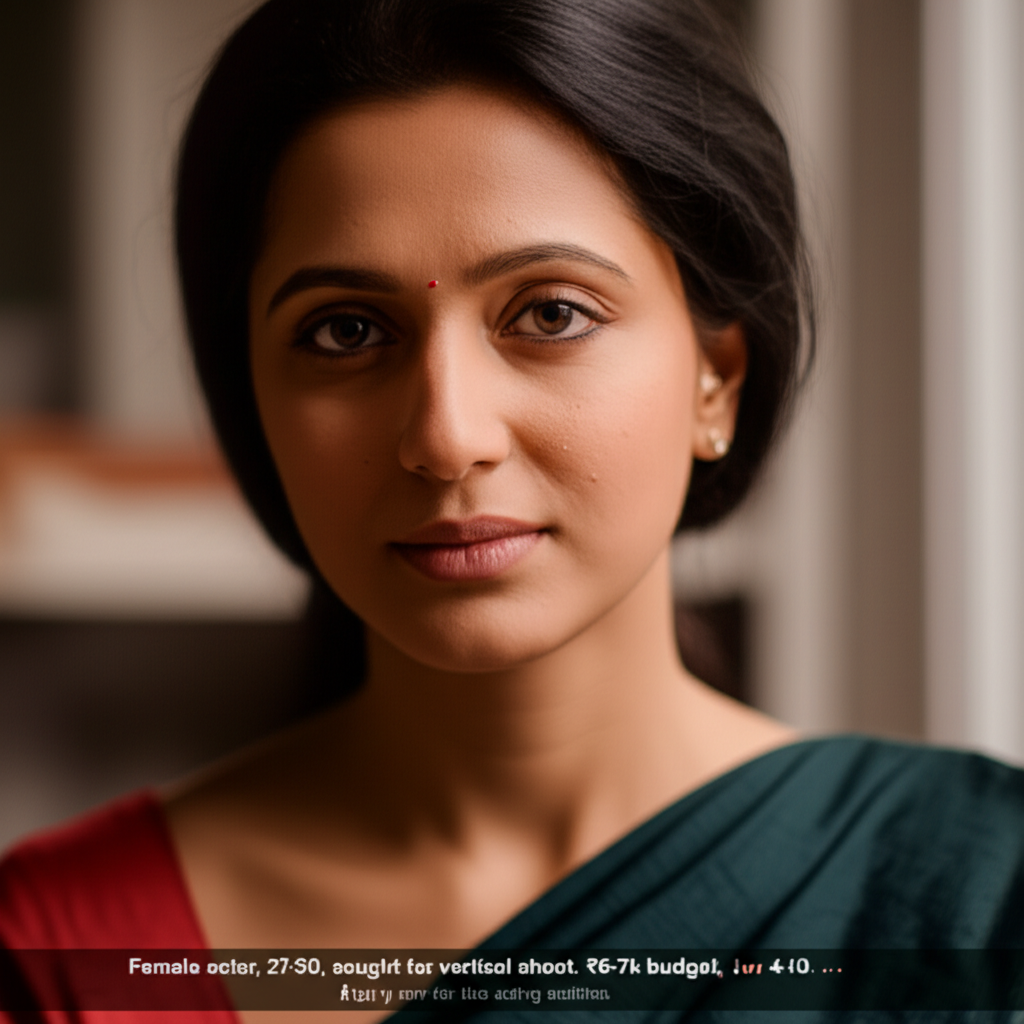 Female actor, 27-30, sought for vertical shoot. ₹6-7k budget, Nov 4-10. Apply now for this acting audition.