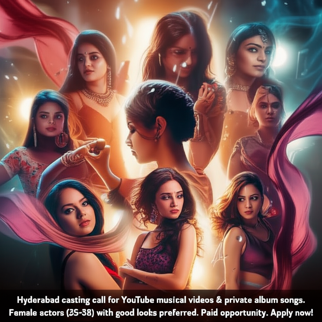 Hyderabad casting call for YouTube musical videos & private album songs. Female actors (25-38) with good looks preferred. Paid opportunity. Apply now!