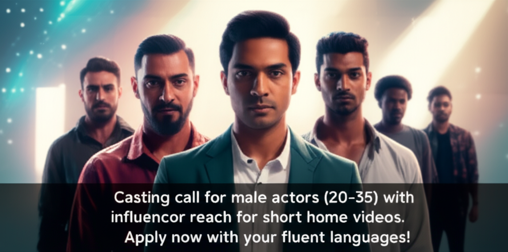 Male Voices Wanted: Shine in Our Next Video Project! Casting call for male actors (20-35) with influencer reach for short home videos. Apply now with your fluent languages!