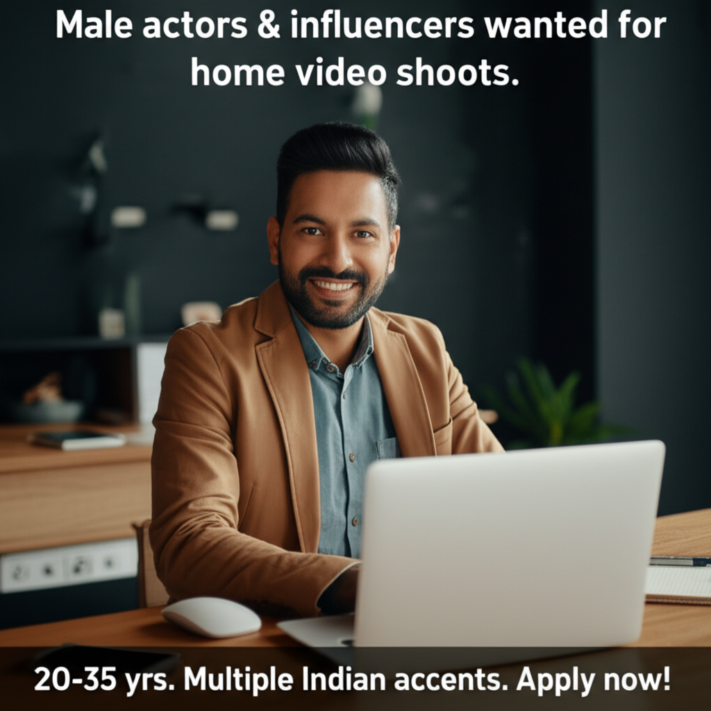 Male actors & influencers wanted for home video shoots. 20-35 yrs. Multiple Indian accents. Apply now!