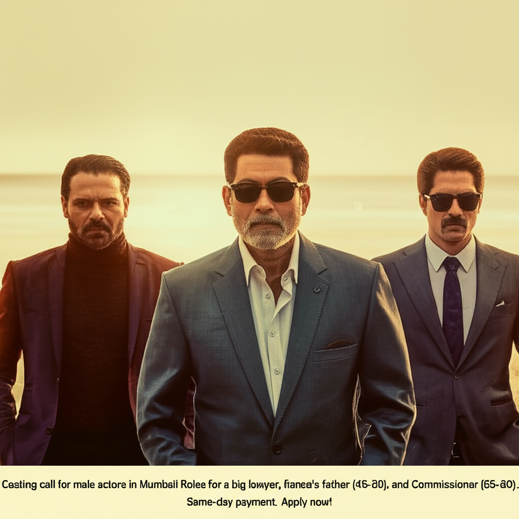 Casting call for male actors in Mumbai! Roles for a big lawyer, fiance's father (45-50), and Commissioner (55-60). Same-day payment. Apply now!