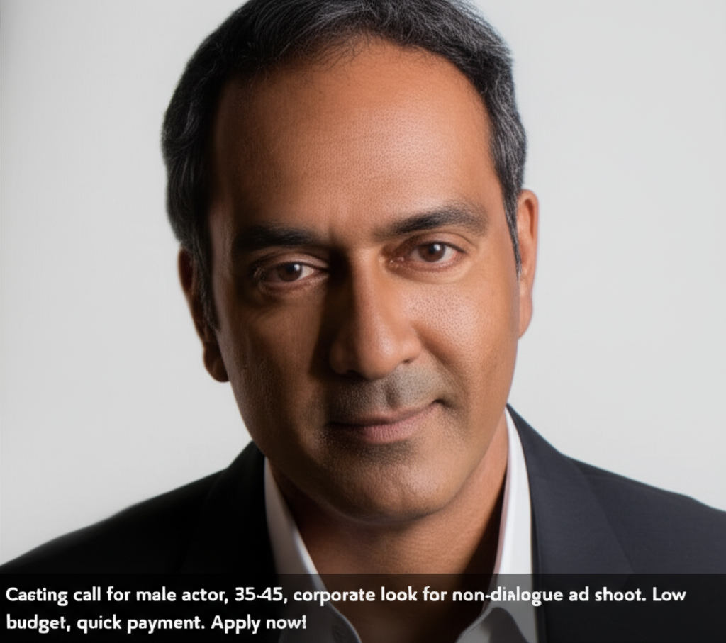 Male Actor Wanted: Expressive Ad Shoot Casting Call Casting call for male actor, 35-45, corporate look for non-dialogue ad shoot. Low budget, quick payment. Apply now!