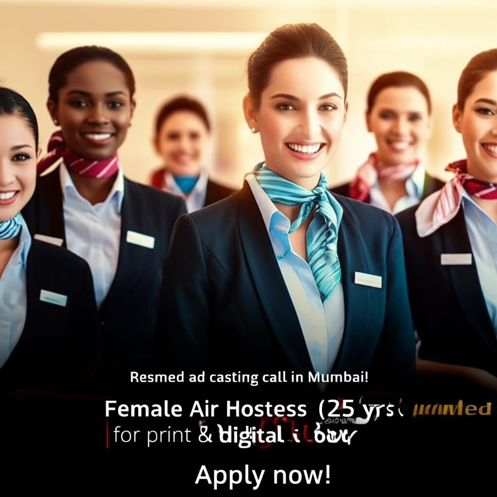 Female Air Hostess Wanted for ResMed Ad: Shine on Screen! Resmed ad casting call in Mumbai! Female Air Hostess (25 yrs) wanted for print & digital shoot. Apply now!