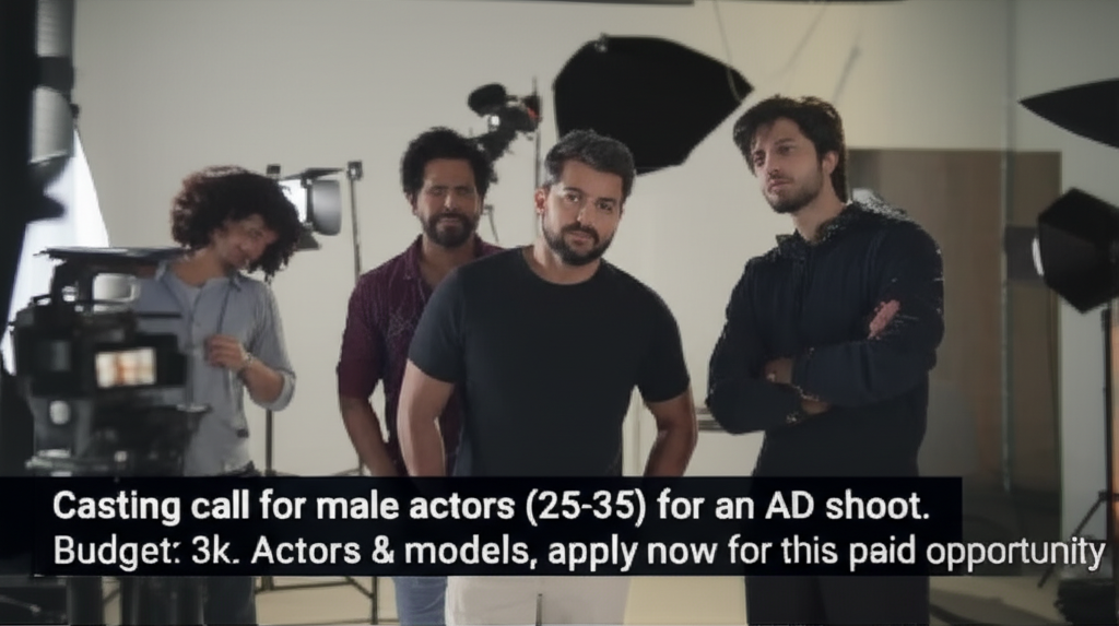 Casting call for male actors (25-35) for an AD shoot. Budget: 3k. Actors & models, apply now for this paid opportunity.