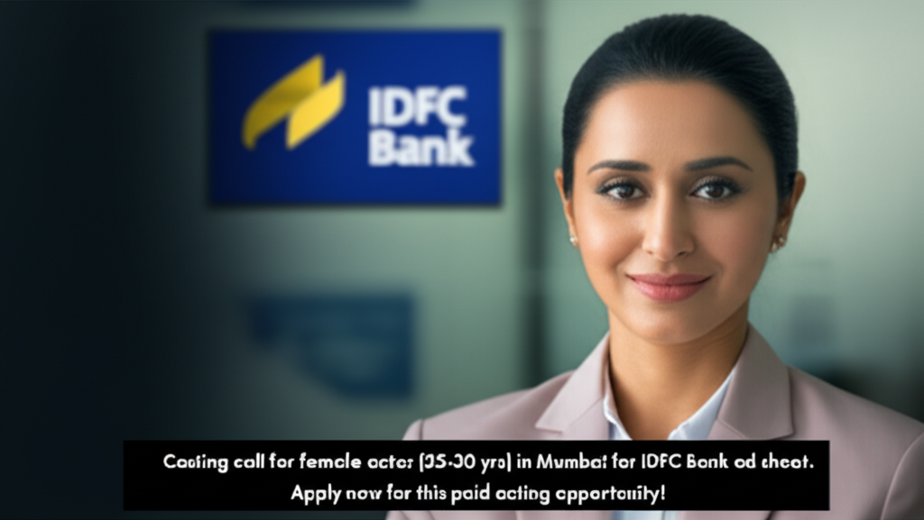 IDFC Bank Casting: Female Actor, Apply Now! Casting call for female actor (25-30 yrs) in Mumbai for IDFC Bank ad shoot. Apply now for this paid acting opportunity!