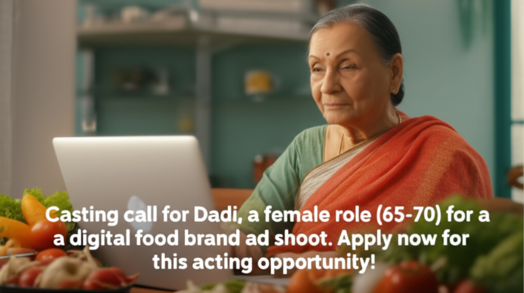 **Casting Alert: Female Actor Needed for Food Brand Ad!** Casting call for Dadi, a female role (65-70) for a digital food brand ad shoot. Apply now for this acting opportunity!