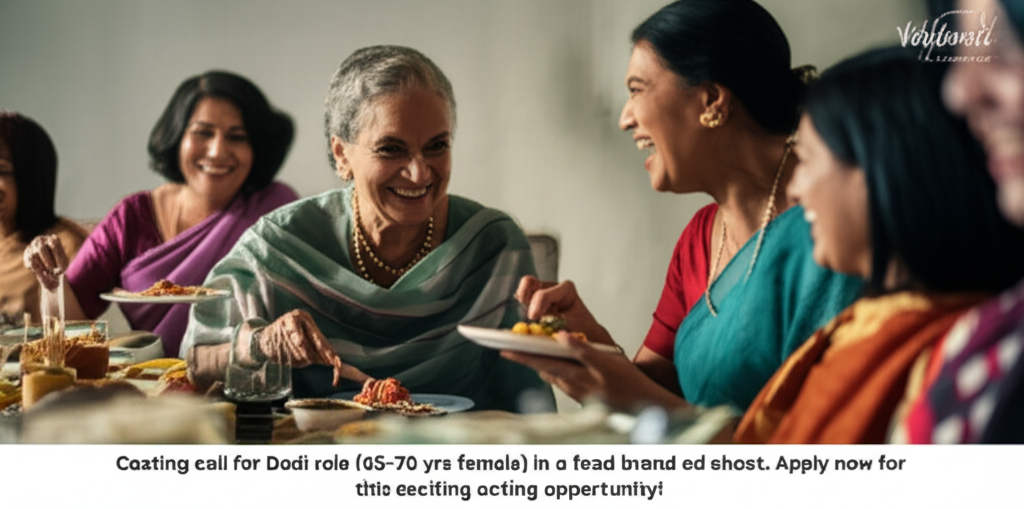 Casting call for Dadi role (65-70 yrs female) in a food brand ad shoot. Apply now for this exciting acting opportunity!