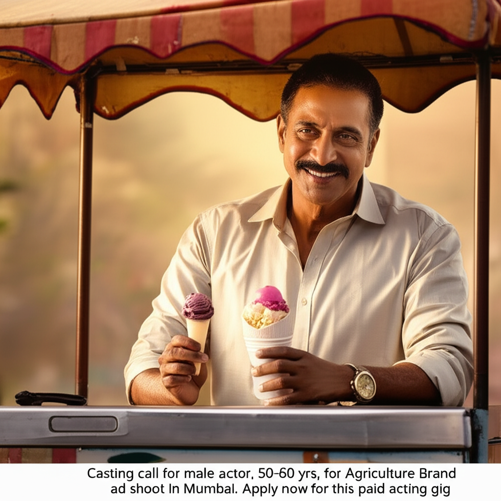 Male Actor Casting: Warm Ice Cream Seller for Brand Campaign Casting call for male actor, 50-60 yrs, for Agriculture Brand ad shoot in Mumbai. Apply now for this paid acting gig.