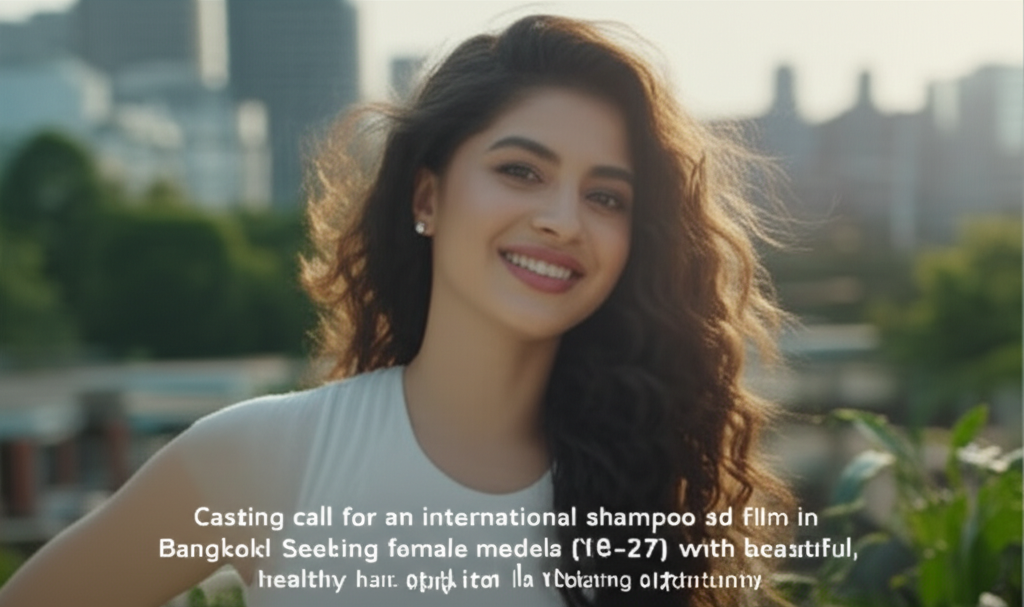 Female Actor Wanted for International Shampoo Ad Casting call for an international shampoo ad film in Bangkok! Seeking female models (18-27) with beautiful, healthy hair. Apply now for this acting opportunity.