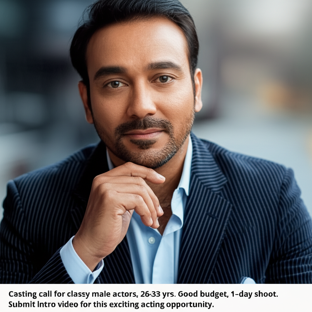 Male Actor Casting: Sophisticated Role, One-Day Shoot Casting call for classy male actors, 26-33 yrs. Good budget, 1-day shoot. Submit intro video for this exciting acting opportunity.