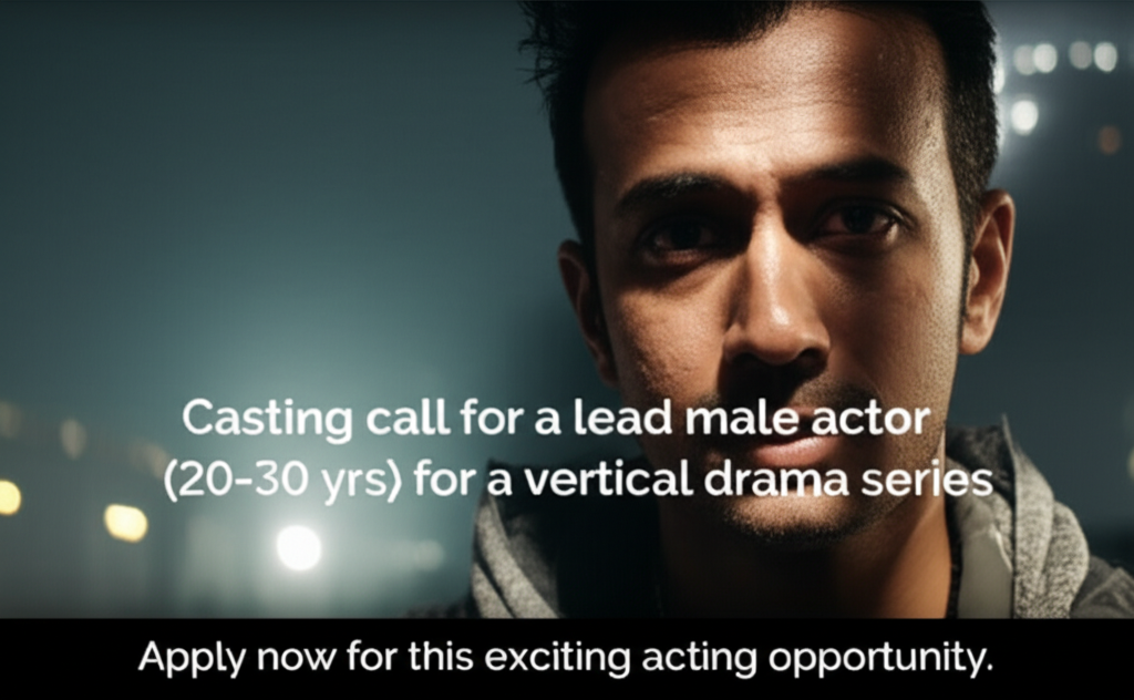 Male Actor Wanted: Vertical Drama Series Lead Role! Casting call for a lead male actor (20-30 yrs) for a vertical drama series. Apply now for this exciting acting opportunity.