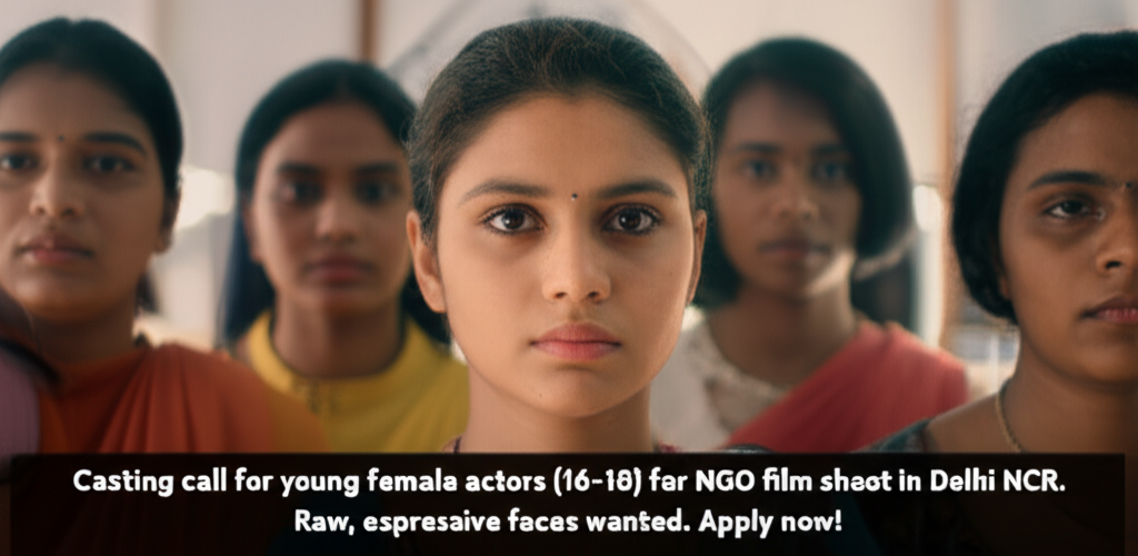 Casting Alert: Expressive Young Women Wanted for Impactful Project Casting call for young female actors (16-18) for NGO film shoot in Delhi NCR. Raw, expressive faces wanted. Apply now!