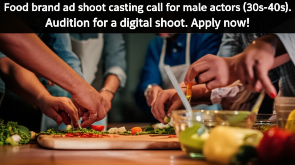 **Casting Alert: Male Actors Wanted for Premium Food Brand Ad!** Food brand ad shoot casting call for male actors (30s-40s). Audition for a digital shoot. Apply now!
