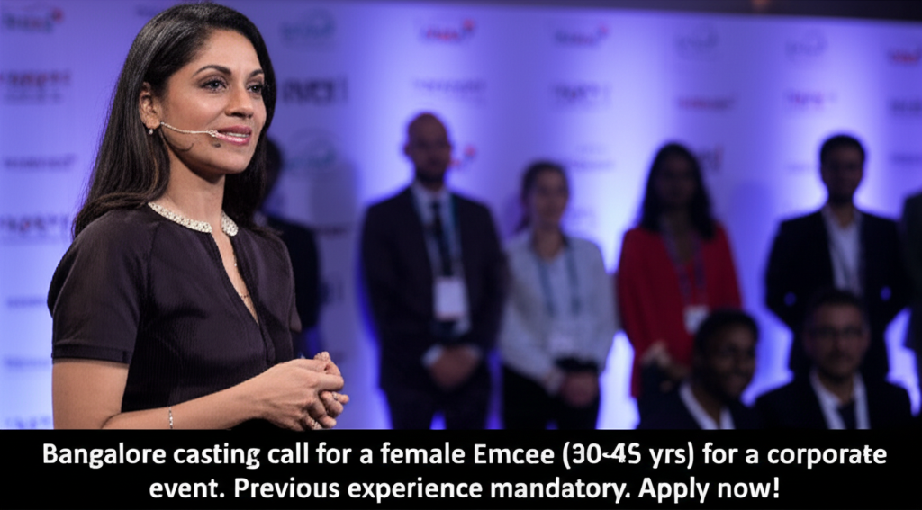 Casting Alert: Female Emcee Needed for Premier Corporate Event! Bangalore casting call for a female Emcee (30-45 yrs) for a corporate event. Previous experience mandatory. Apply now!