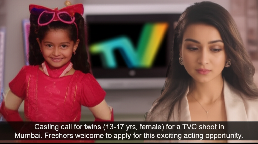 Casting call for twins (13-17 yrs, female) for a TVC shoot in Mumbai. Freshers welcome to apply for this exciting acting opportunity.