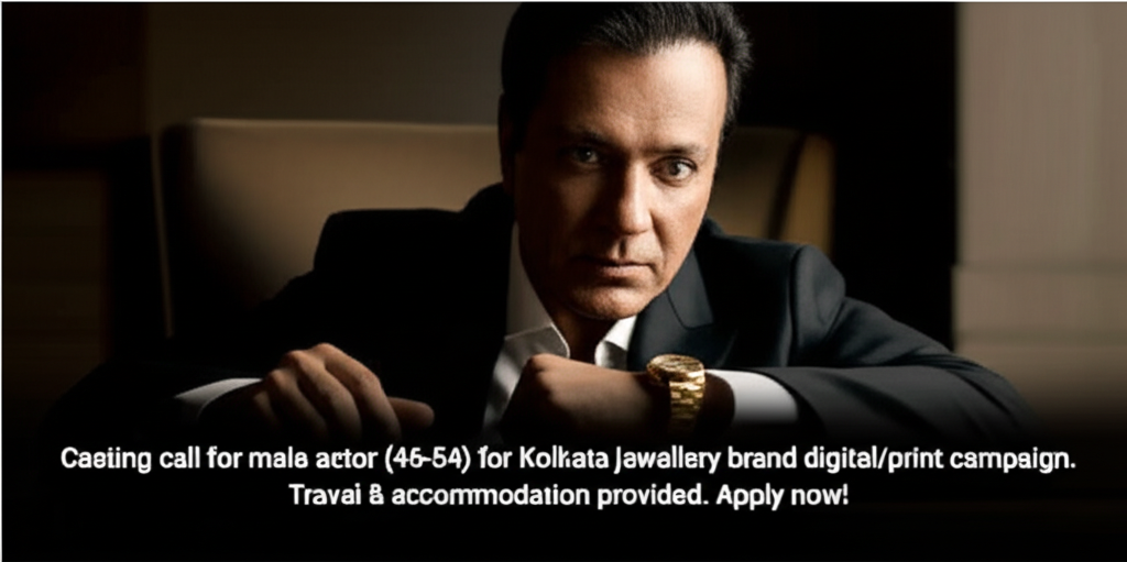 Casting call for male actor (46-54) for Kolkata jewellery brand digital/print campaign. Travel & accommodation provided. Apply now!