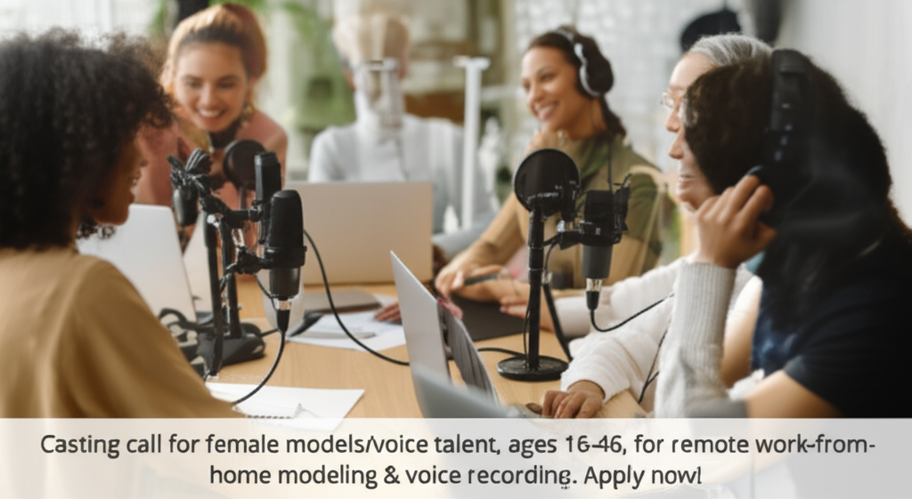 Casting Alert: Female Models & Voice Actors Wanted — Work From Home! Casting call for female models/voice talent, ages 16-46, for remote work-from-home modeling & voice recording. Apply now!