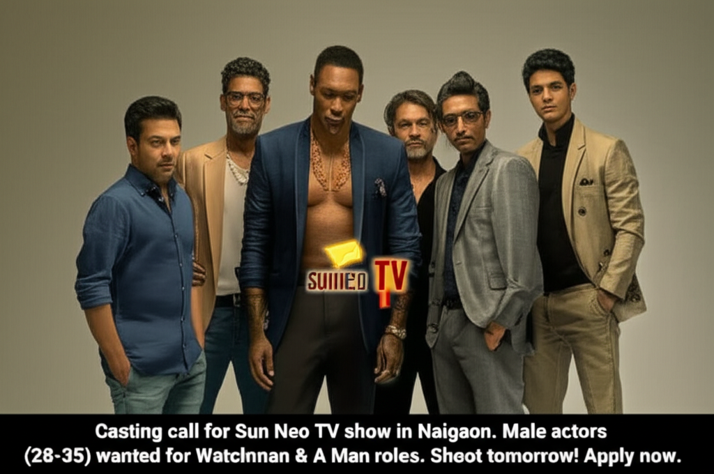 Sun Neo TV Casting Call: Male Actors Wanted Now! Casting call for Sun Neo TV show in Naigaon. Male actors (28-35) wanted for Watchman & A Man roles. Shoot tomorrow! Apply now.