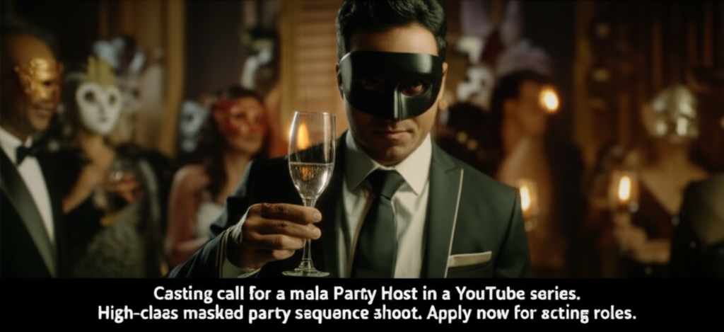 Male Actor Wanted: Host Elite Masked Party YouTube Series! Casting call for a male Party Host in a YouTube series. High-class masked party sequence shoot. Apply now for acting roles.