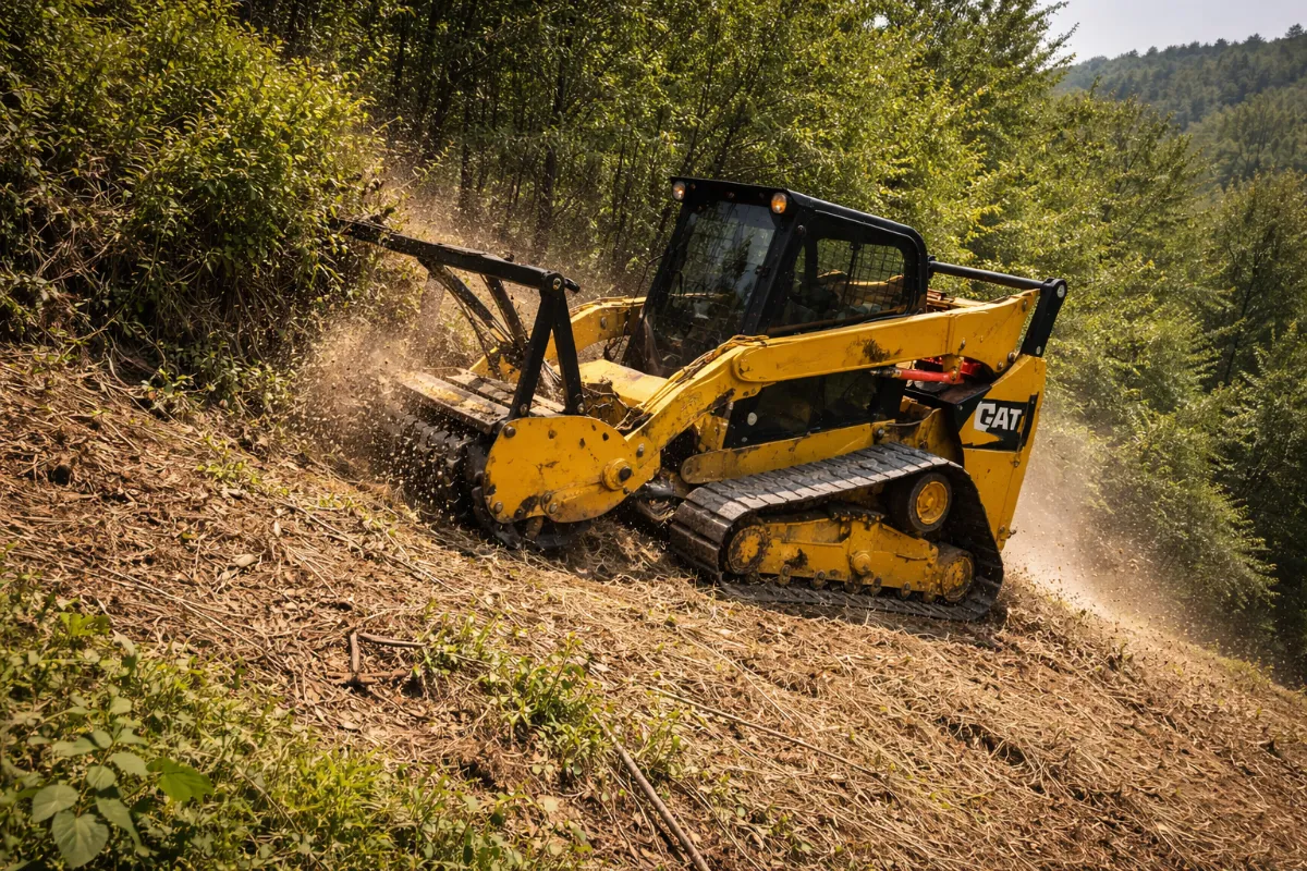 Hillside mulching on sloped terrain