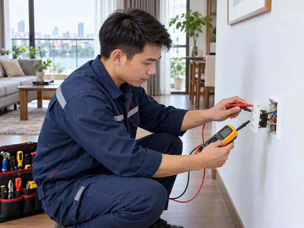 Thợ điện nước - thợ đang kiểm tra, đo đạc và chẩn đoán sự cố