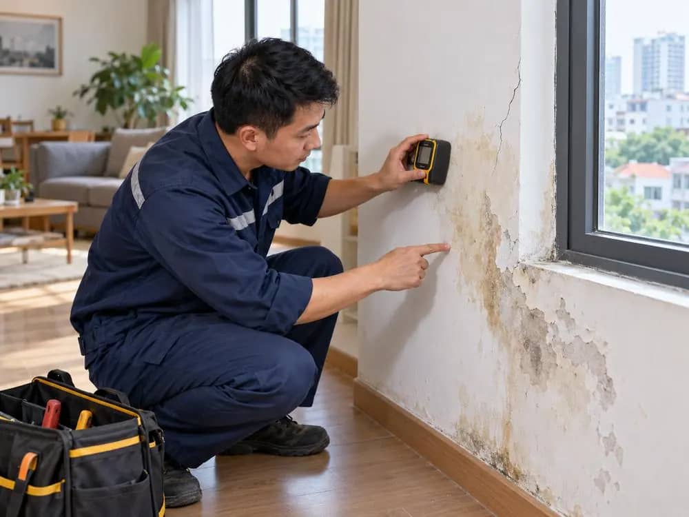Chống thấm dột - thợ đang kiểm tra, đo đạc và chẩn đoán sự cố