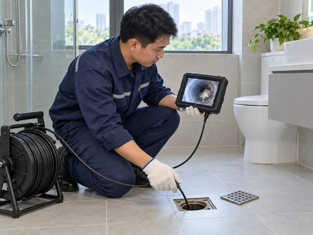 Thông tắc cống - thợ đang kiểm tra, đo đạc và chẩn đoán sự cố