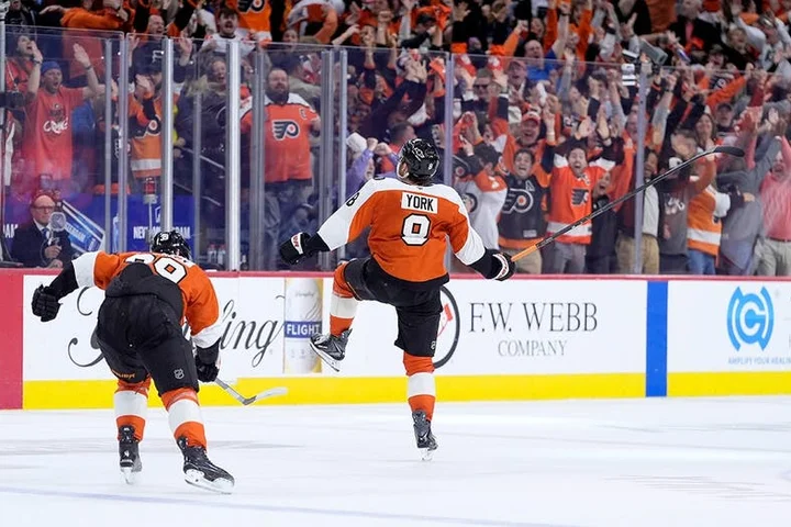 Flyers defenseman Cam York fires stick into stands after scoring overtime series-clincher vs Penguins