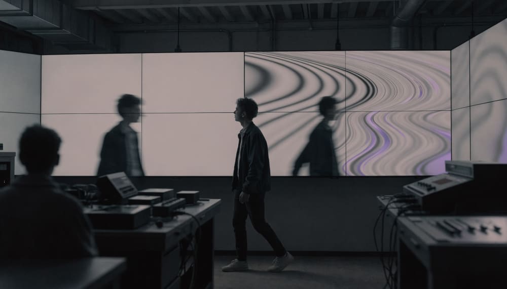 A dim engineering workspace at night where a wall of screens shows a live camera feed being continuously transformed int