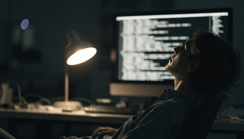 A developer leaning back from a desk at night, hands off the keyboard, watching a terminal fill with output on its own.