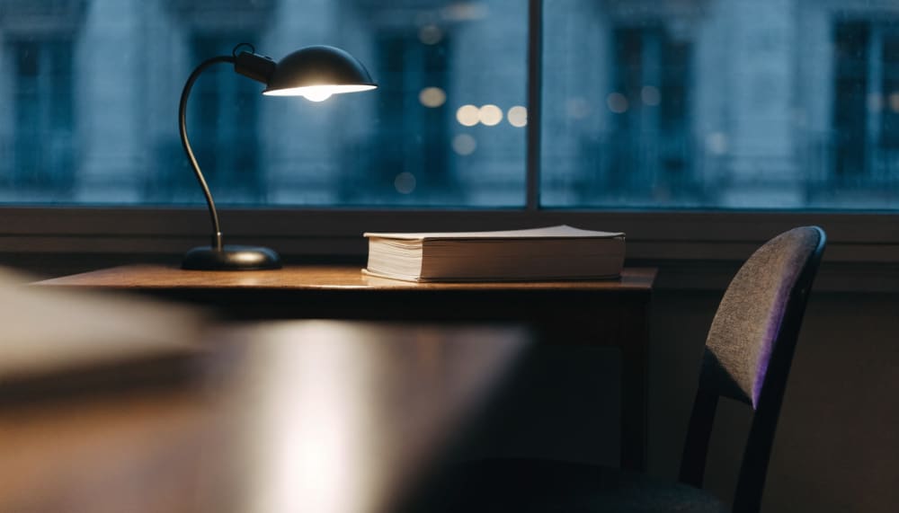 A quiet European government office at dusk, a single desk lamp illuminating a thick printed regulation binder, an empty 
