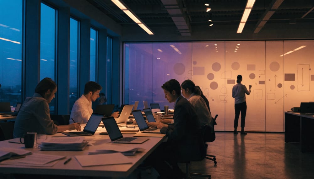 A wide view of consultants working late inside a large corporate office, laptops and printed pages spread across a long