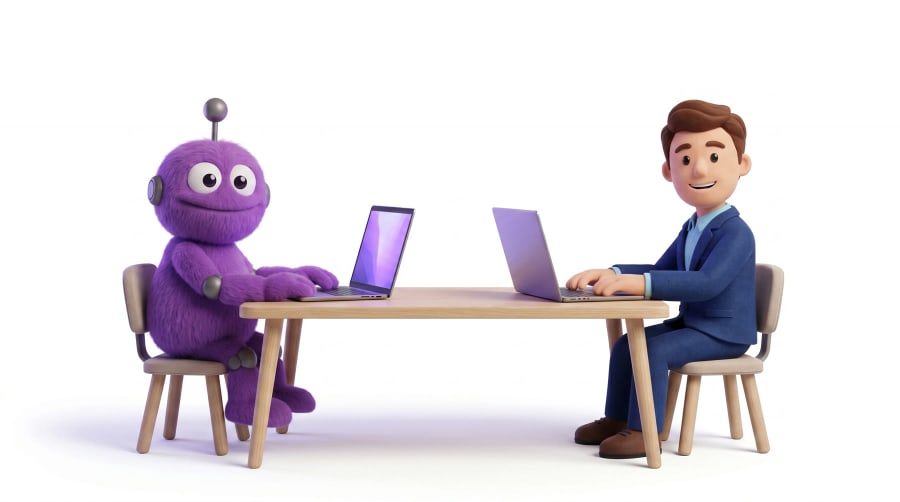 הדמות של Focus AI ולקוח עובדים יחד ליד שולחן